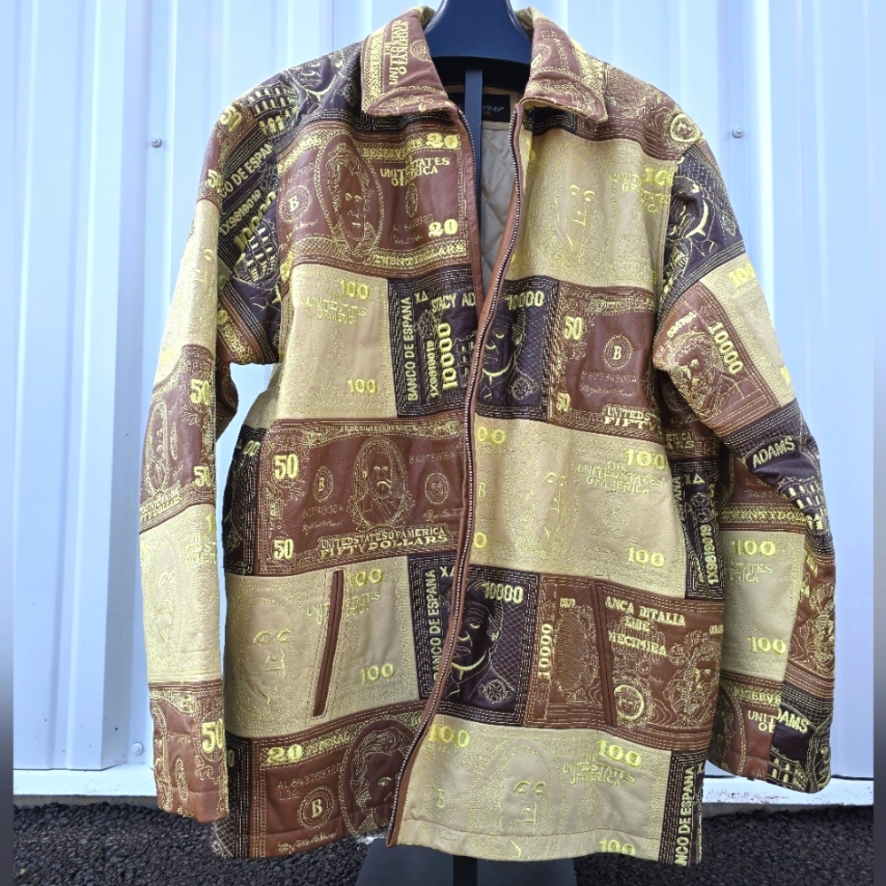 Vintage LEATHER money Pattern Mens Coat Jacket Oversized Hip Hop 90s Y2k Siz 4XL